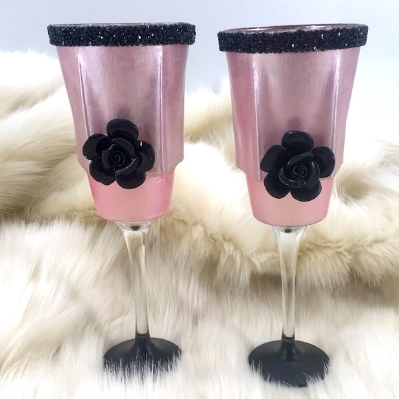 New Floral Rhinestone Barbiecore Pink Easter Mother’s Day Candle Holders NWOT - Picture 3 of 14